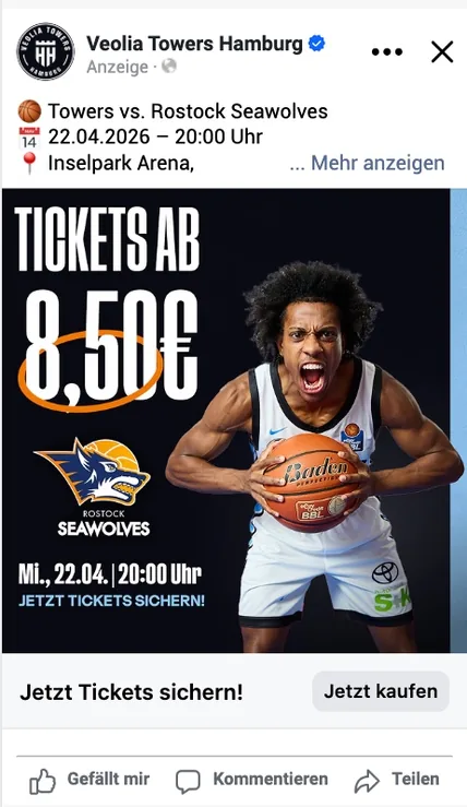 Facebook-Anzeige der Veolia Towers Hamburg mit Tickets ab 8,50 Euro gegen Rostock Seawolves